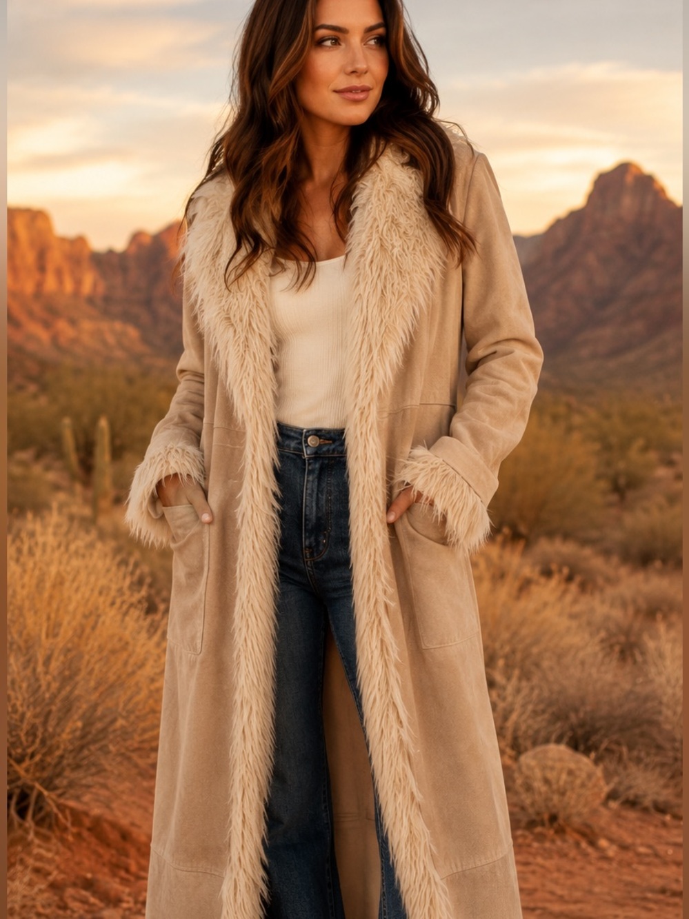 Genuine Leather Long Faux Fur Shearling Trim Penny Lane Coat - Picture 3 of 4
